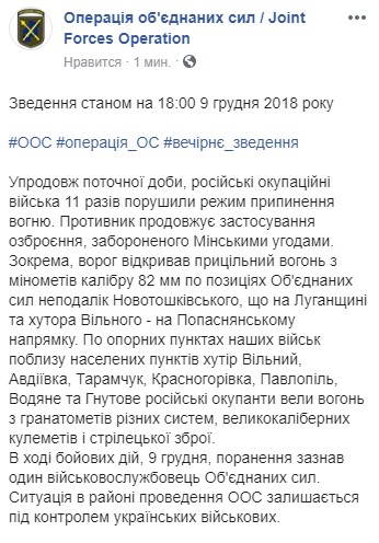 На Донбасі за день поранено 1 українського військового